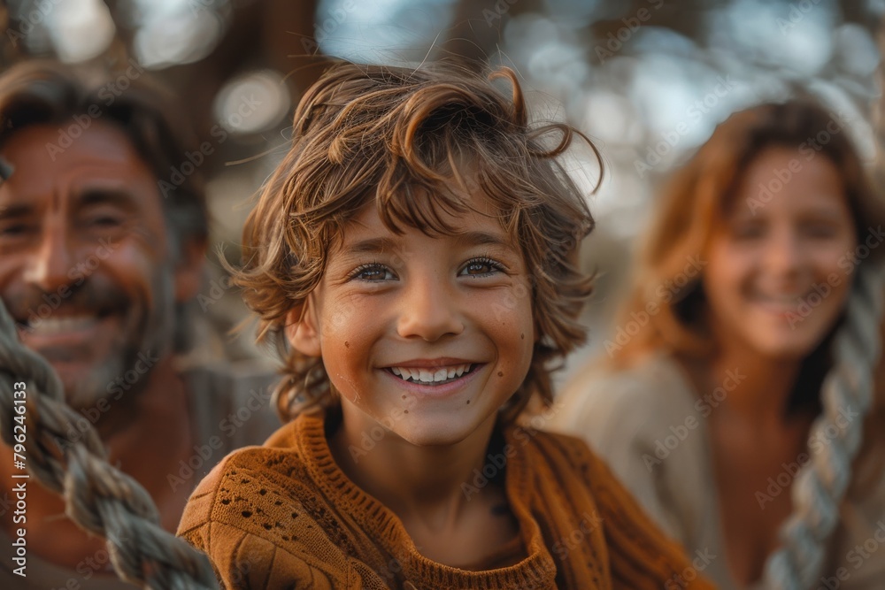 A cheerful boy laughs with his curly hair blowing, his family is out of focus in the background A cheerful boy laughs with his curly hair blowing, his family is out of focus in the background