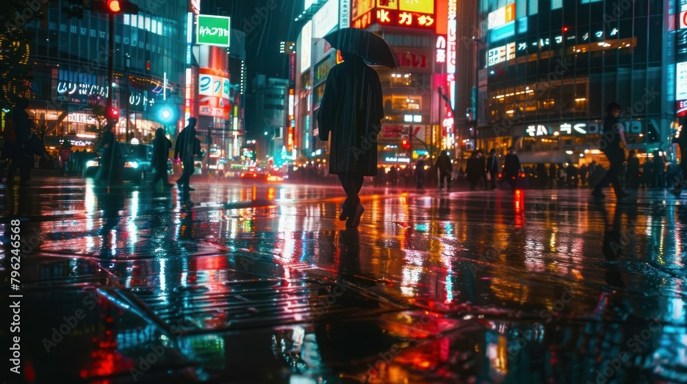  lone figure walking through a bustling Tokyo intersection, the neon lights reflecting off the wet pavement 