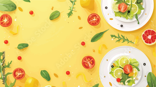 Fototapeta Naklejka Na Ścianę i Meble -  Plates with fresh healthy products on yellow background