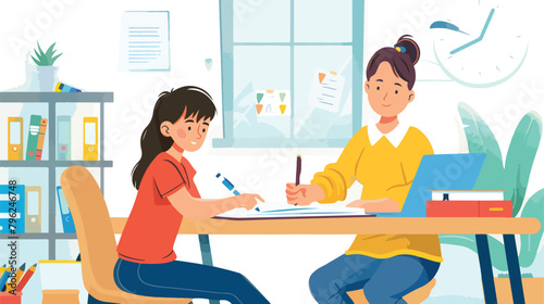 Female teacher and boy studying. Concept illustration