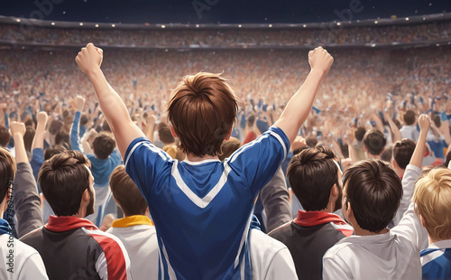 Cheering football fans in soccer stadium