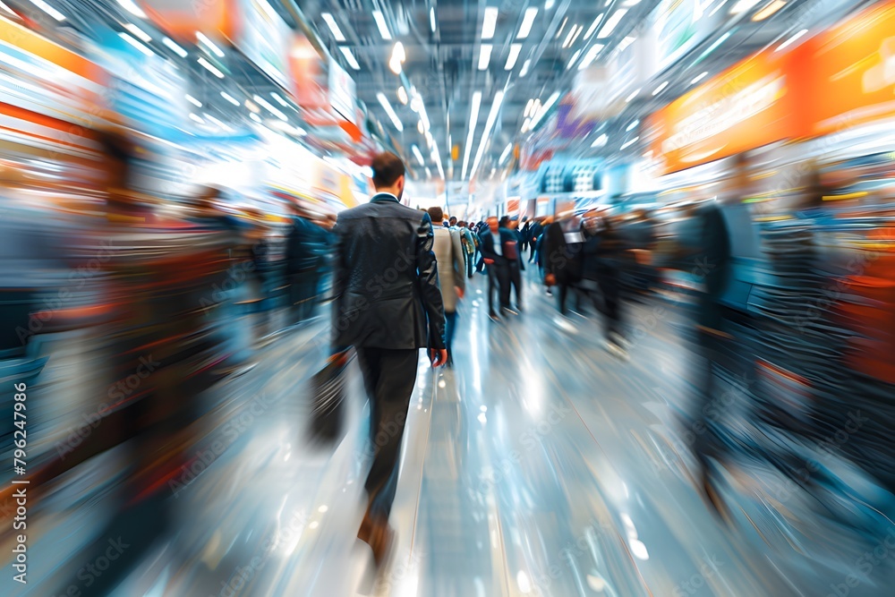Obraz premium Dynamic Blur of Crowds Walking in Modern Exhibition Hall