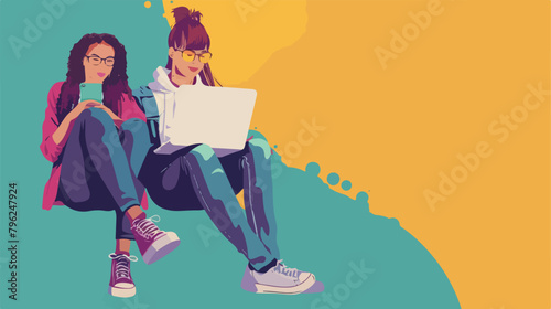Portrait of young students with laptop on color background