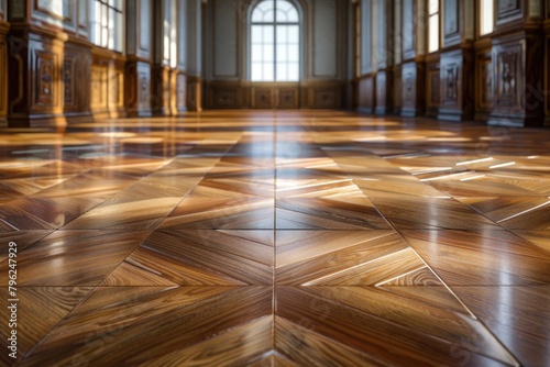 A large room with wood floors and a large window  suitable for various interior design projects