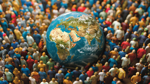 A globe surrounded by a dense, colorful crowd of miniature figurines representing a diverse and populous human society, World Population Day photo