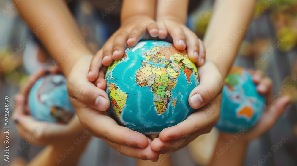 Several children's hands cradling a small globe together, symbolizing unity and care for the Earth, World Population Day, save the world. Several children's hands cradling a small globe together, symbolizing unity and care for the Earth, World Population Day, save the world.