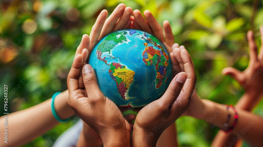Multiple hands of diverse skin tones holding a small globe together, symbolizing unity and global cooperation in front of greenery, World Population Day