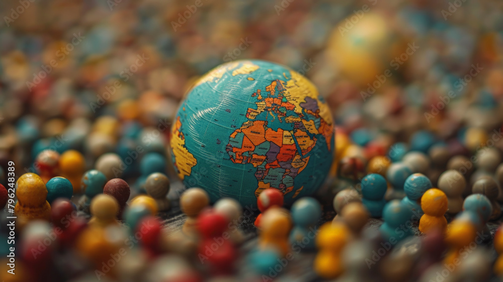 Fototapeta premium A small globe surrounded by numerous colorful spheres representing a diverse and populous world, World Population Day, save the world.