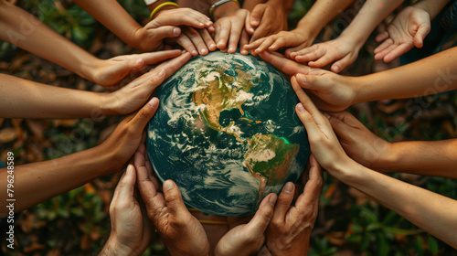 A group of diverse hands coming together around a globe, symbolizing unity, global cooperation, and multicultural understanding, World Population Day, save the world. photo