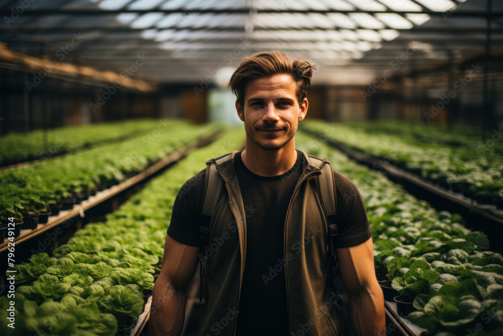 A young, happy man, a gardener, is growing lettuce in a greenhouse. A young, happy man, a gardener, is growing lettuce in a greenhouse.
