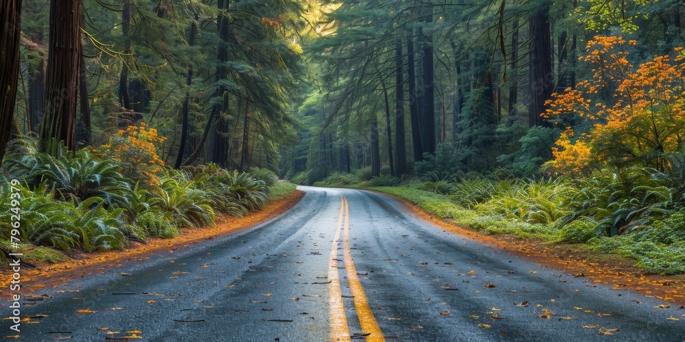 Naklejka premium Embark on a mysterious journey through foggy woods, winding along scenic roads amidst towering pines.