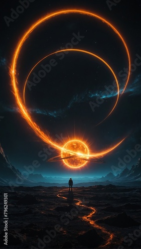 A science fiction film concept art inspired by Interstellar, featuring the Moon, Sun, and a black hole sun halo captured in cosmic expanse