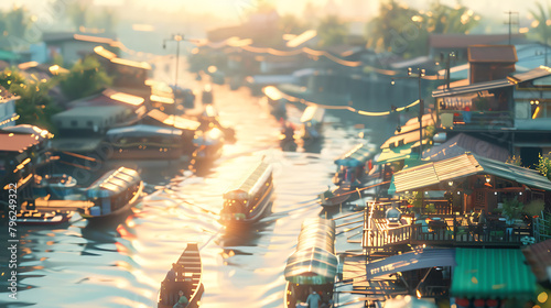 Amphawa Floating Market, Samut Songkhram: Authentic market, riverside charm, in a quaint setting, in a dreamy isometric style, with soft lighting, pastel colors