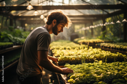 Side view of young, happy man, a gardener, is growing lettuce in a greenhouse © sofiko14