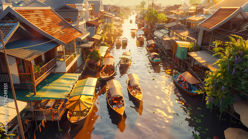 Amphawa Floating Market, Samut Songkhram: Authentic market, riverside charm, in a quaint setting, in a dreamy isometric style, with soft lighting, pastel colors