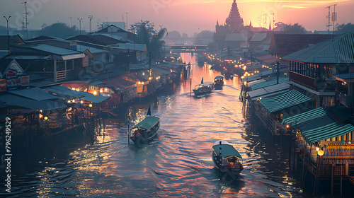 Amphawa Floating Market, Samut Songkhram: Authentic market, riverside charm, in a quaint setting, in a dreamy isometric style, with soft lighting, pastel colors
