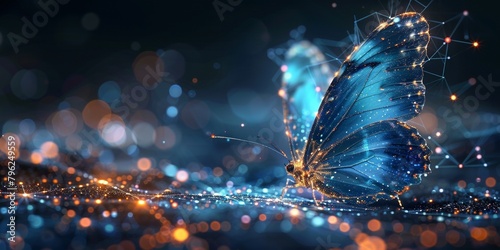 A futuristic digital network design resembles a glowing butterfly against a dark blue background. © Iryna