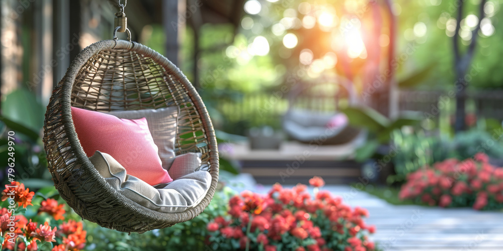 Obraz premium In the luxurious yard, a hanging chair on the patio, adorned with cushions, offers relaxation.