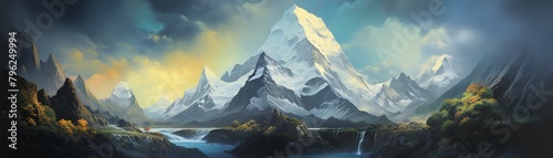 Capture the intricate details of a towering mountain peak through a pinhole perspective, enhanced with textured brush strokes in an acrylic traditional art medium photo