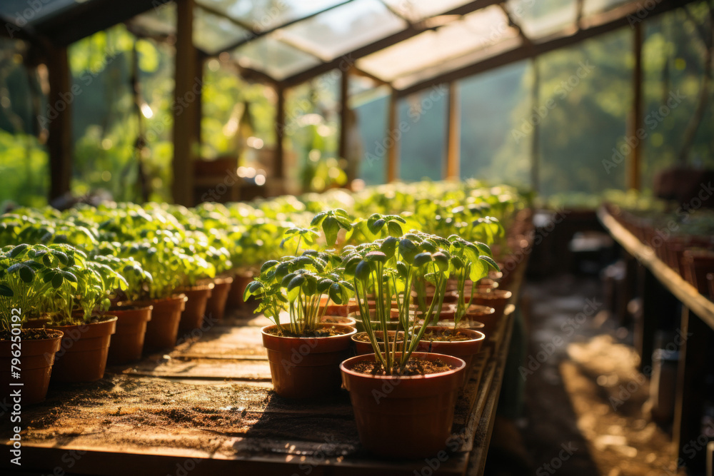 Vegetable seedlings in pots in greenhouses