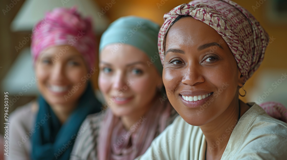 Three smiling women wearing colorful headscarves looking at the camera with a warm, friendly demeanor. Three smiling women wearing colorful headscarves looking at the camera with a warm, friendly demeanor.