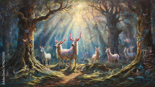 A whimsical fairy-tale forest, filled with magical creatures such as unicorns, dragons, and talking animals, with sunlight filtering through the branches of ancient, gnarled trees 