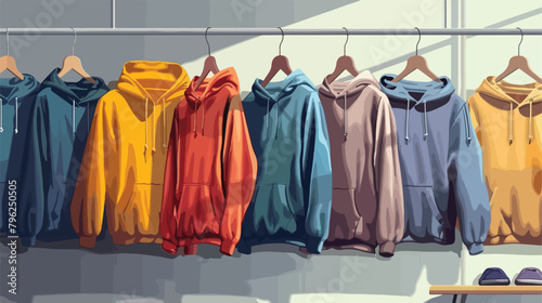 Rack with stylish hoodies in modern room closeup Vector