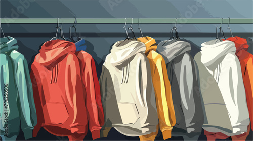 Rack with stylish hoodies in modern room closeup Vector