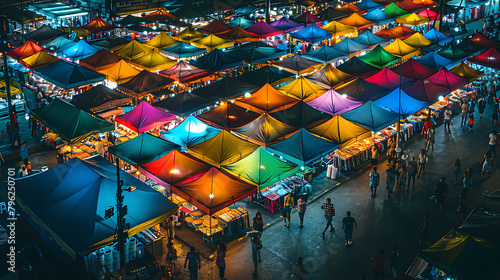 Chatuchak Weekend Market, Bangkok: Bustling market, vibrant stalls, in a lively atmosphere, in a dreamy isometric style, with colorful lighting, vibrant colors photo