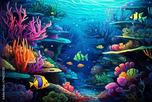 Illustrate a whimsical and vibrant underwater world filled with colorful marine life in a digital rendering featuring a chaotic yet stylized perspective