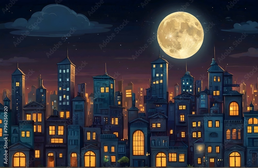 Cartoon Buildings Background In The Moonlight