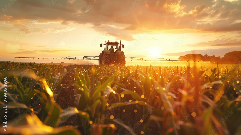 Fototapeta premium A tractor working in a corn field at sunset. Ideal for agricultural and rural concepts
