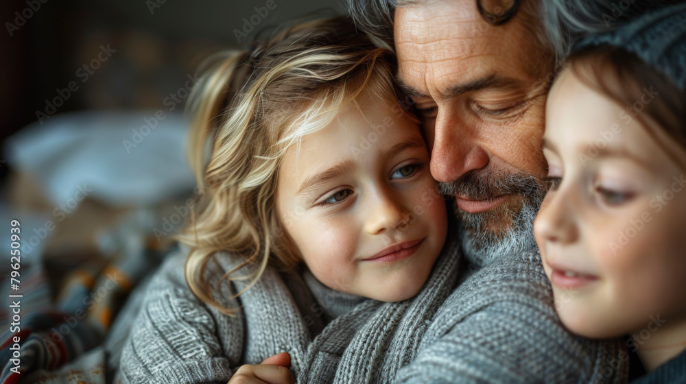 A smiling child and sibling embraced by their loving, bearded father, sharing a tender, close family moment together. A smiling child and sibling embraced by their loving, bearded father, sharing a tender, close family moment together.