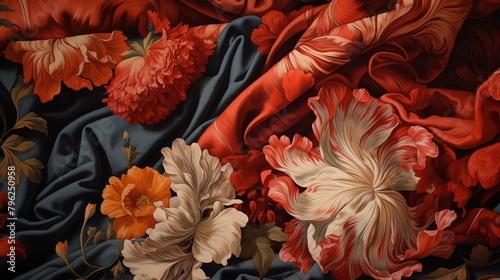 Produce a detailed oil painting of a close-up shot capturing the tension in a chintz fabric, showcasing intricate patterns and contrasting colors Emphasize the texture and depth to convey a sense of d