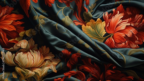 Produce a detailed oil painting of a close-up shot capturing the tension in a chintz fabric, showcasing intricate patterns and contrasting colors Emphasize the texture and depth to convey a sense of d