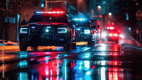 A police car patrolling the streets at night. Suitable for crime and safety concepts