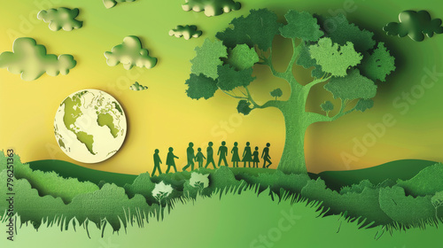 Illustration of human evolution with a tree, grass, clouds, and a globe, symbolizing nature and ecological awareness in golden hues, World Population Day, save the world.