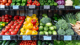 A variety of fresh vegetables are on display in a grocery store. The produce includes tomatoes, peppers, broccoli, and carrots. The bright colors of the vegetables create a lively