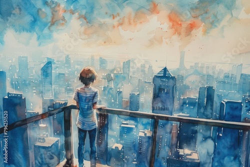 A person standing on a balcony admiring the city view. Suitable for urban lifestyle concepts