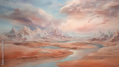 A dreamy, otherworldly landscape, showcasing a fantastical world of imagination and wonder, all brought to life in the subtle, muted tones of a casein painting, photo