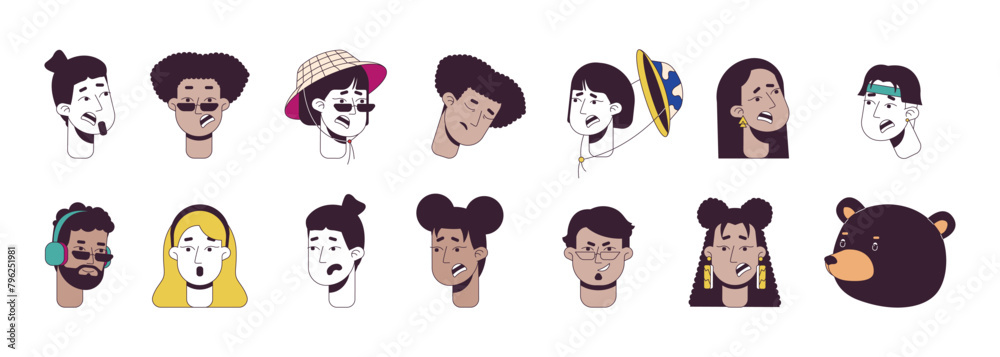 Diverse people and bear 2D linear vector avatars illustration set. Emotions expression and animal cartoon character faces portraits collection. Looks flat color user profiles images isolated Diverse people and bear 2D linear vector avatars illustration set. Emotions expression and animal cartoon character faces portraits collection. Looks flat color user profiles images isolated