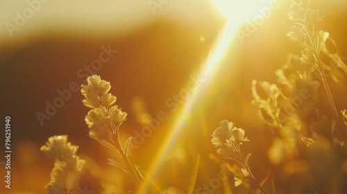 A field of yellow flowers with the sun shining on them. The sun is casting a warm glow on the flowers, making them look even more vibrant and alive. The scene is peaceful and serene, with the sun