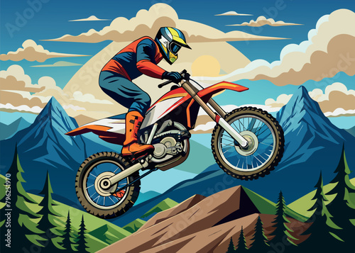 sportsman on motocross motorcycle in the mountains while doing a stunt jump-