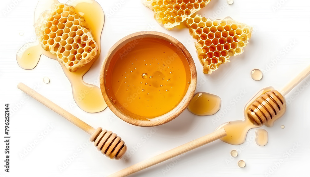 Bowl of sweet honey, dippers and combs on white background Bowl of sweet honey, dippers and combs on white background