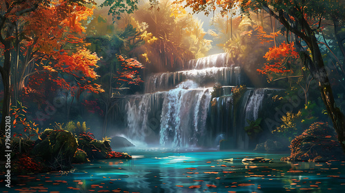 Erawan Waterfall, Kanchanaburi: Cascading waterfall, lush jungle, in a mystical forest, in a fantasy pixel art style, with soft lighting, vibrant colors photo
