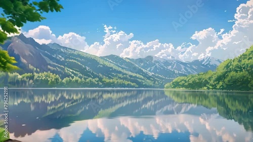 video beautiful lake view with clear sky and green mountains
