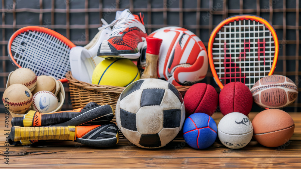 A basket full of sports balls and equipment, including a tennis racket, a baseball, a soccer ball, and a basketball