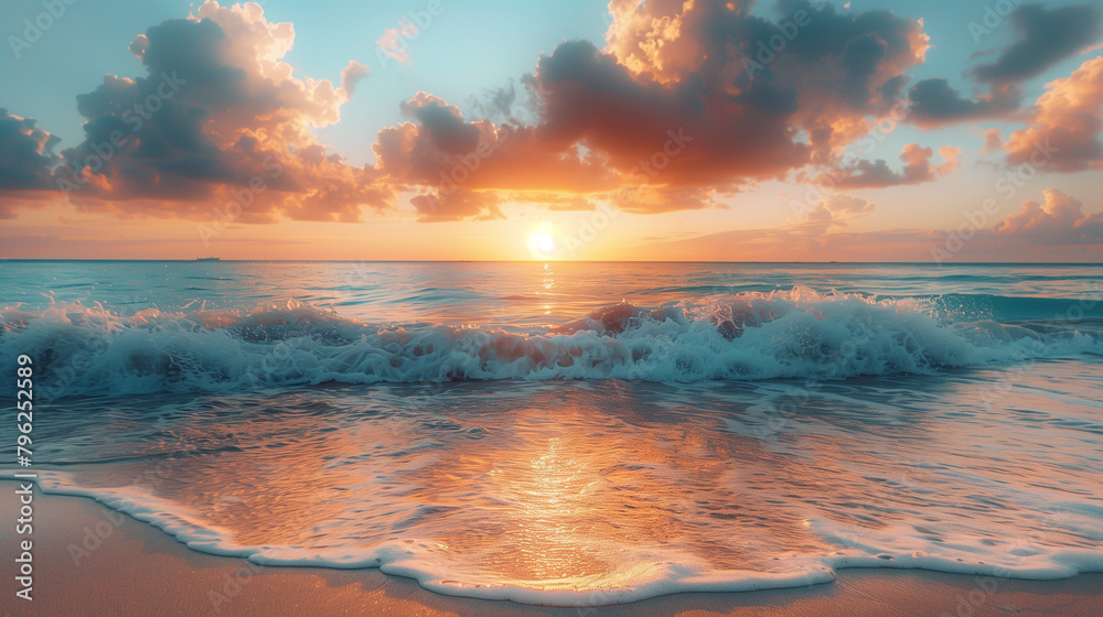 The ocean is calm and the sun is setting, creating a beautiful The ocean is calm and the sun is setting, creating a beautiful