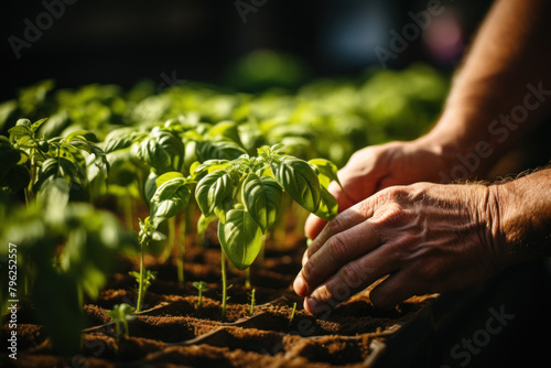 Close up of hands of man, a gardener, is growing greenery in a greenhouse