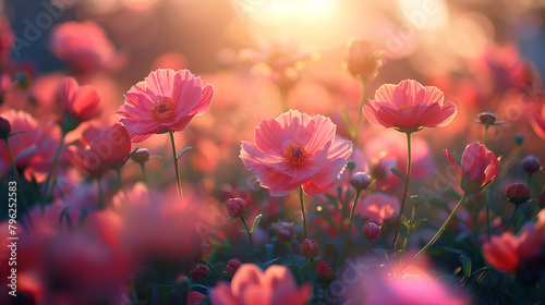 A field of pink flowers with the sun shining on them